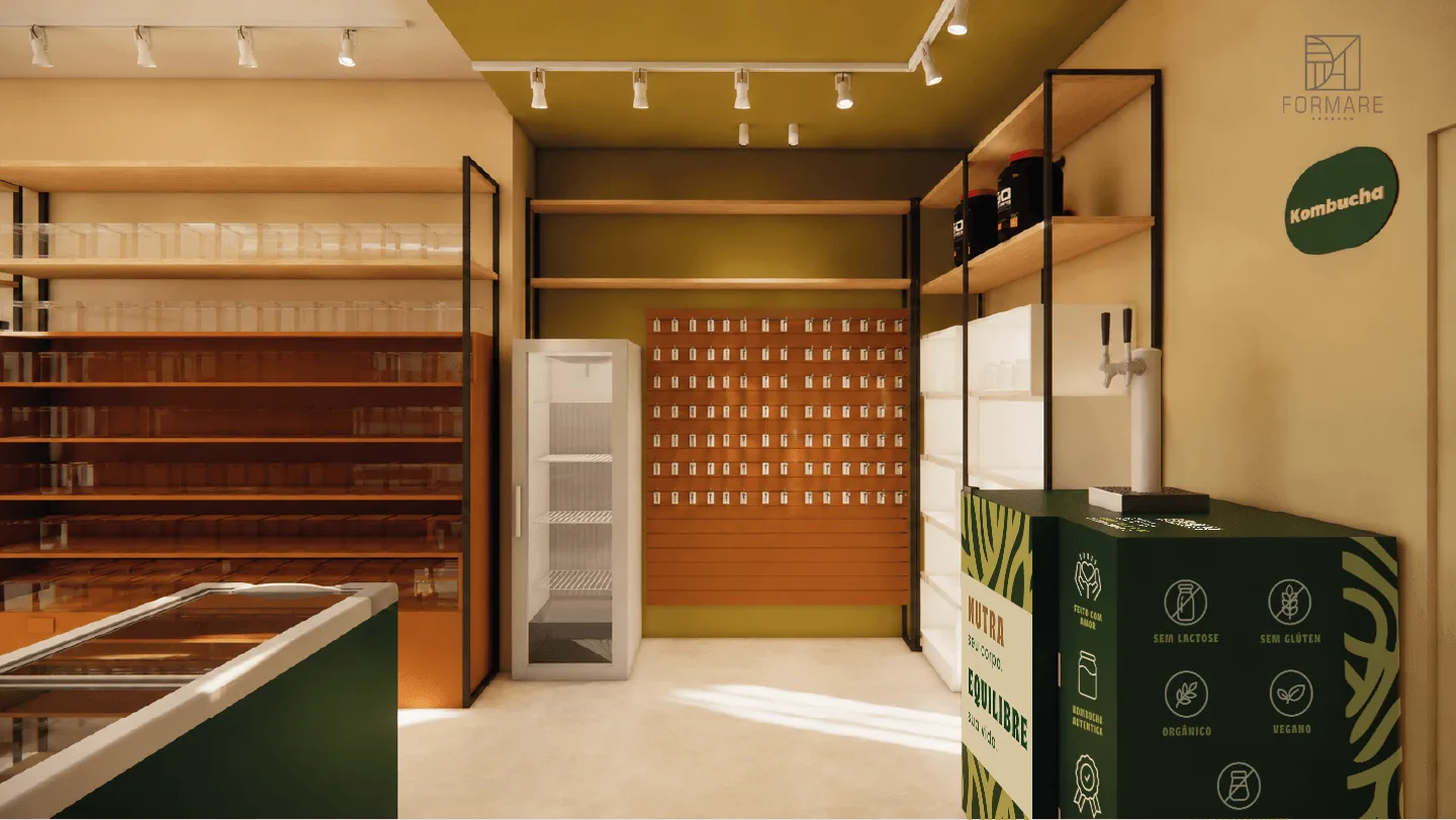 Ambiente da loja com adesivo de marca aplicado no freezer de kombucha