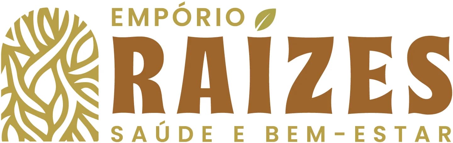 Logotipo da Empório Raízes em marrom, com o símbolo de raiz ao lado do nome