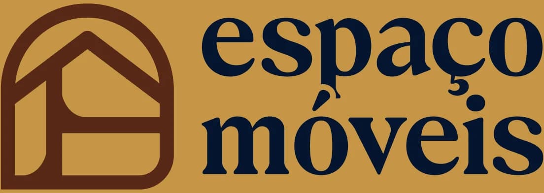 Logotipo da Espaço Móveis em marrom sobre fundo dourado