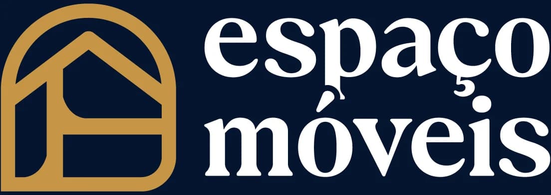 Logotipo da Espaço Móveis em creme sobre fundo azul-marinho