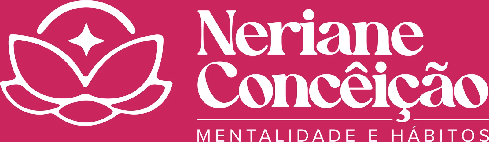 Logotipo Neriane Conceição, com símbolo de flor de lótus, em branco sobre rosa